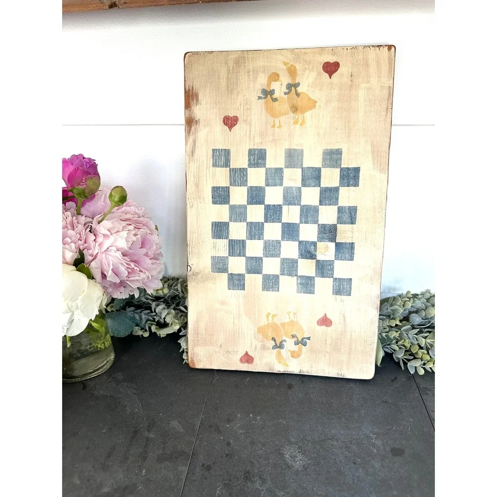 Cottagecore painted Goose Checkerboard wall decor geese country folk art wood